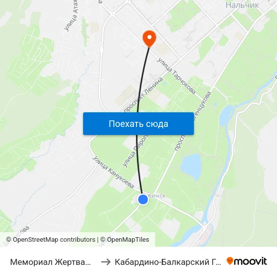 Мемориал Жертвам Репрессий Балкарского Народа to Кабардино-Балкарский Государственный Аграрный Университет map