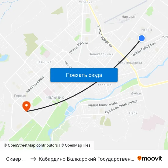 Сквер Дружбы to Кабардино-Балкарский Государственный Аграрный Университет map