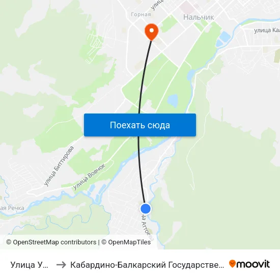 Улица Ульбашева to Кабардино-Балкарский Государственный Аграрный Университет map