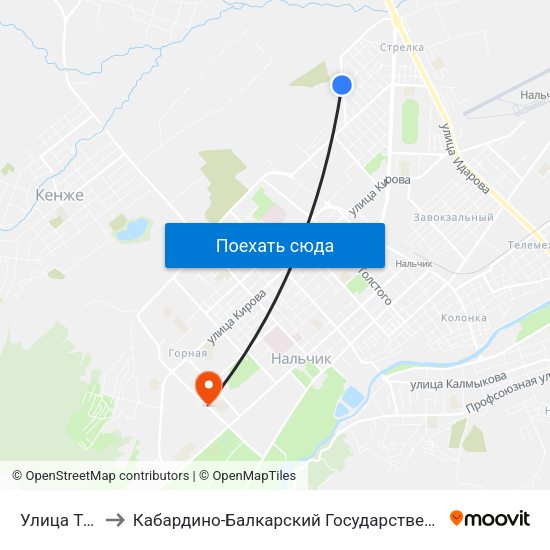 Улица Тельмана to Кабардино-Балкарский Государственный Аграрный Университет map
