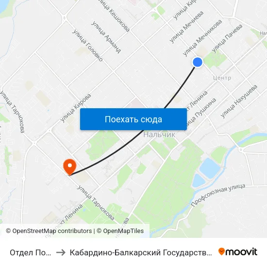Отдел Полиции №1 to Кабардино-Балкарский Государственный Аграрный Университет map