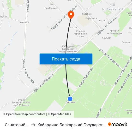 Санаторий Калмыкова to Кабардино-Балкарский Государственный Аграрный Университет map