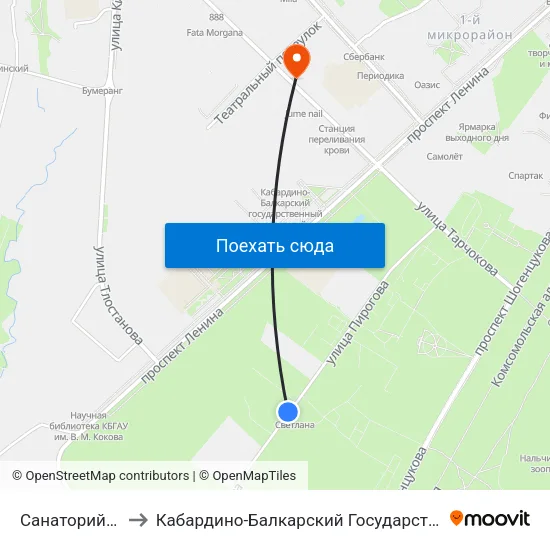 Санаторий Калмыкова to Кабардино-Балкарский Государственный Аграрный Университет map