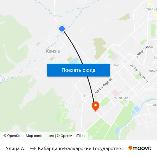 Улица Ахметова to Кабардино-Балкарский Государственный Аграрный Университет map
