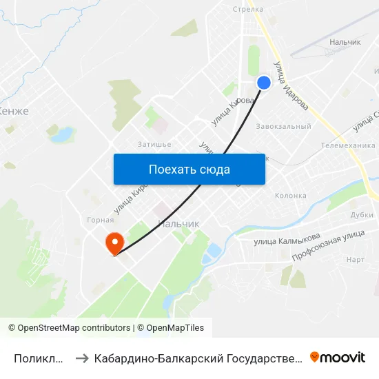 Поликлиника №2 to Кабардино-Балкарский Государственный Аграрный Университет map