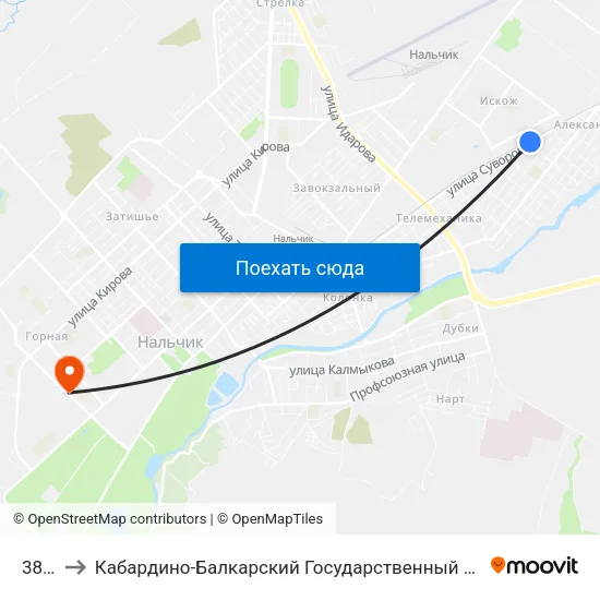 38 Км to Кабардино-Балкарский Государственный Аграрный Университет map
