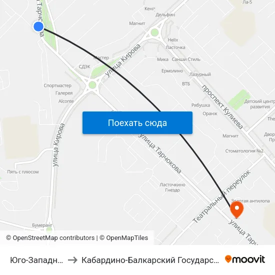 Юго-Западная Котельная to Кабардино-Балкарский Государственный Аграрный Университет map