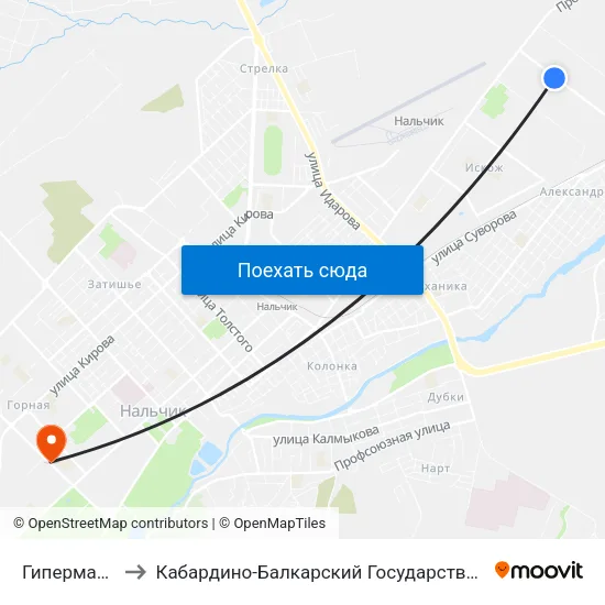 Гипермаркет Маяк to Кабардино-Балкарский Государственный Аграрный Университет map
