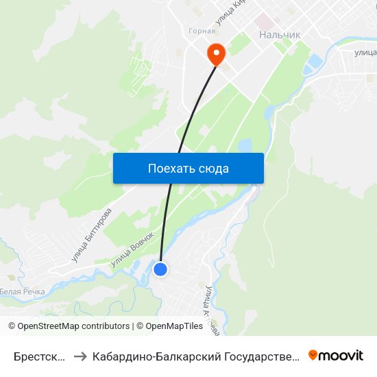 Брестская Улица to Кабардино-Балкарский Государственный Аграрный Университет map