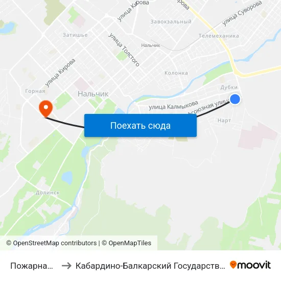 Пожарная Часть №2 to Кабардино-Балкарский Государственный Аграрный Университет map