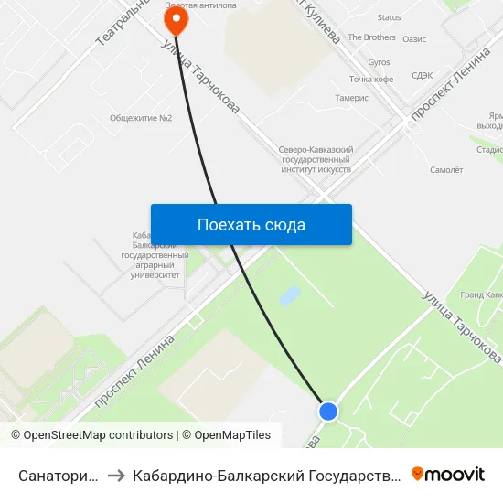 Санаторий Нальчик to Кабардино-Балкарский Государственный Аграрный Университет map