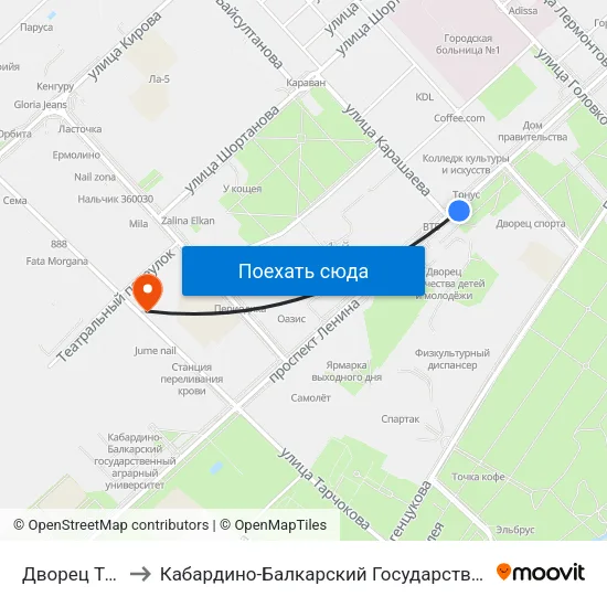 Дворец Творчества to Кабардино-Балкарский Государственный Аграрный Университет map