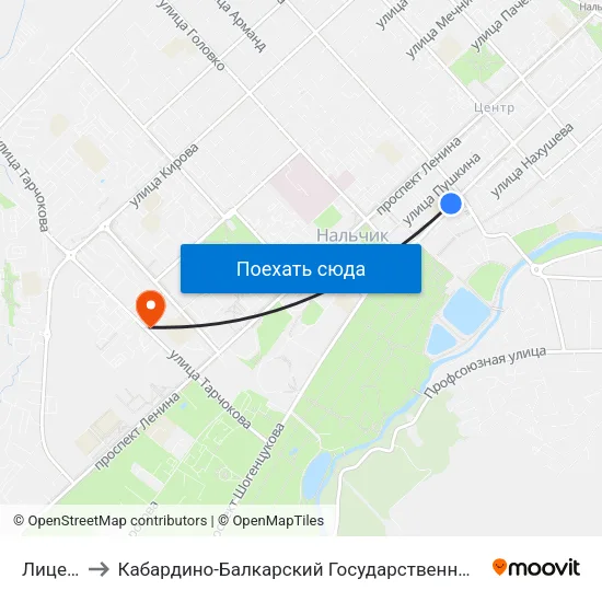 Лицей №2 to Кабардино-Балкарский Государственный Аграрный Университет map
