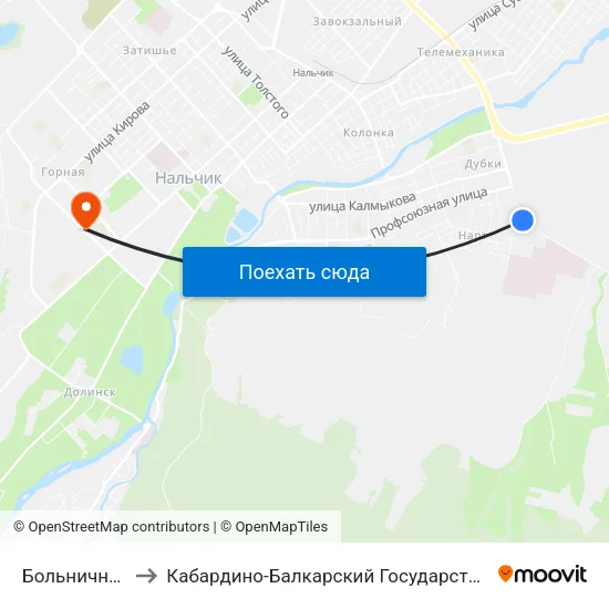 Больничный Городок to Кабардино-Балкарский Государственный Аграрный Университет map