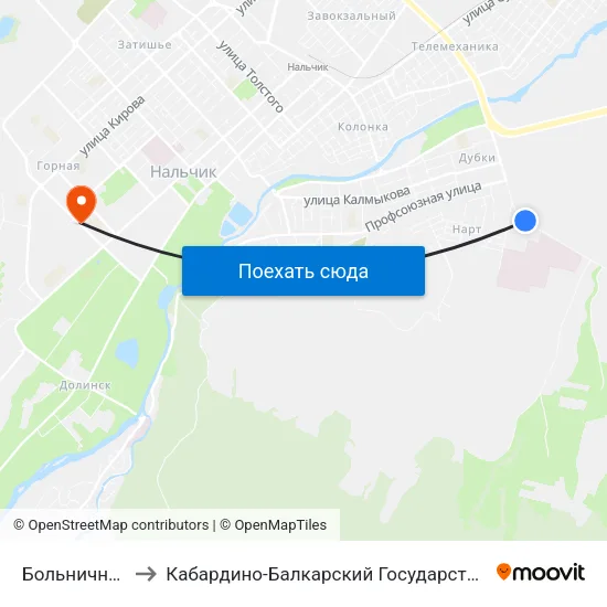 Больничный Городок to Кабардино-Балкарский Государственный Аграрный Университет map