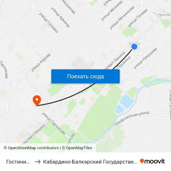 Гостиница Россия to Кабардино-Балкарский Государственный Аграрный Университет map