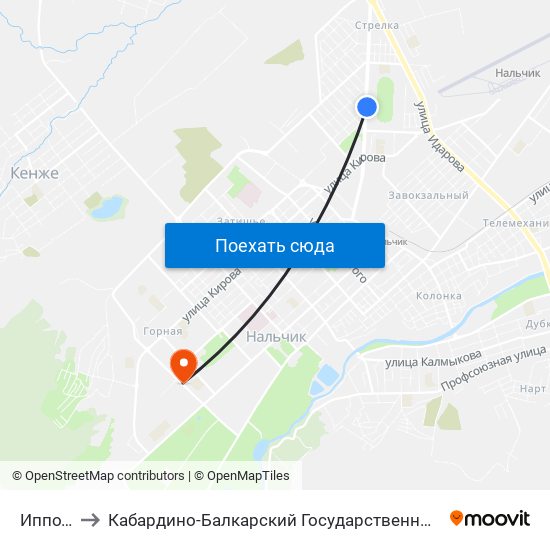 Ипподром to Кабардино-Балкарский Государственный Аграрный Университет map