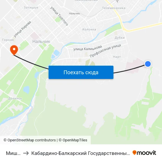 Мишхидж to Кабардино-Балкарский Государственный Аграрный Университет map