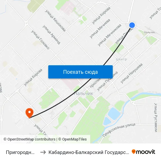Пригородный Автовокзал to Кабардино-Балкарский Государственный Аграрный Университет map