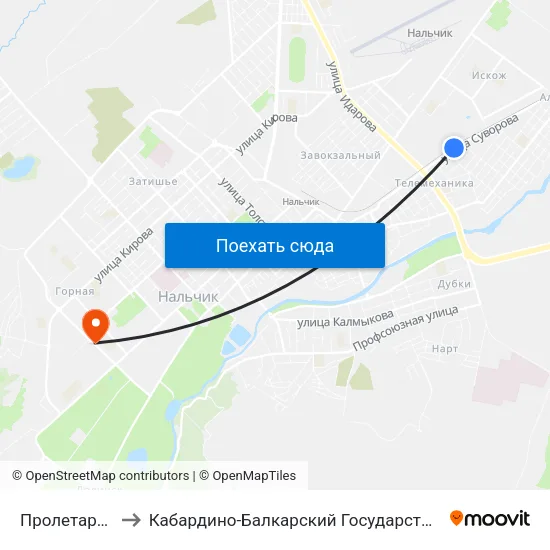 Пролетарская Улица to Кабардино-Балкарский Государственный Аграрный Университет map