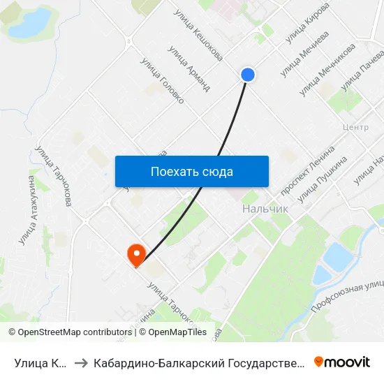 Улица Кешокова to Кабардино-Балкарский Государственный Аграрный Университет map