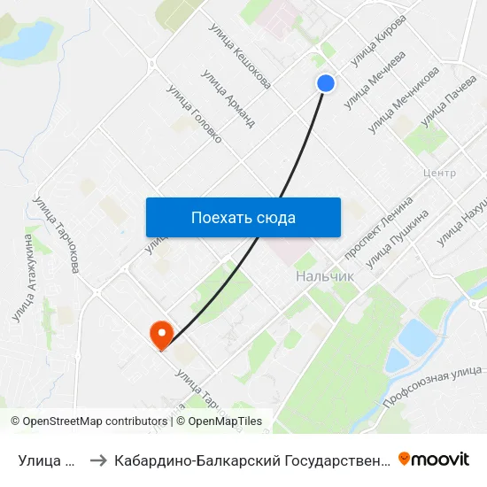 Улица Ногмова to Кабардино-Балкарский Государственный Аграрный Университет map