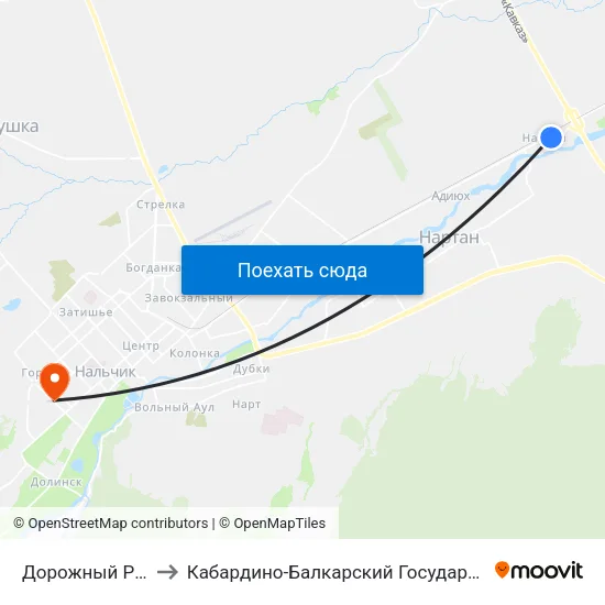 Дорожный Разъезд Нартан to Кабардино-Балкарский Государственный Аграрный Университет map