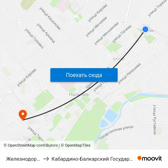 Железнодорожный Вокзал to Кабардино-Балкарский Государственный Аграрный Университет map