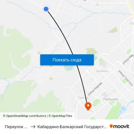 Переулок Кучменовой to Кабардино-Балкарский Государственный Аграрный Университет map
