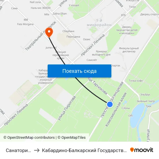 Санаторий Нальчик to Кабардино-Балкарский Государственный Аграрный Университет map