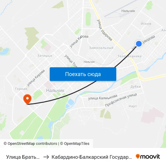 Улица Братьев Кардановых to Кабардино-Балкарский Государственный Аграрный Университет map