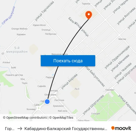 Горная to Кабардино-Балкарский Государственный Университет map