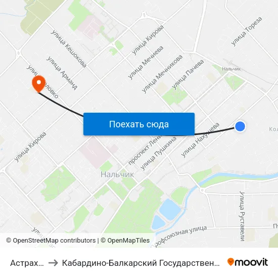 Астраханка to Кабардино-Балкарский Государственный Университет map