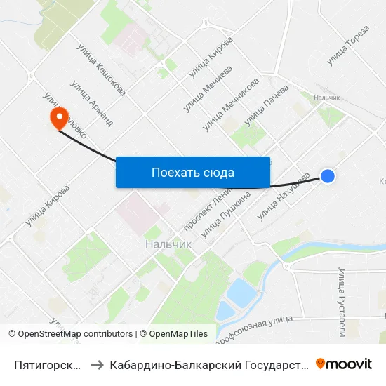 Пятигорская Улица to Кабардино-Балкарский Государственный Университет map