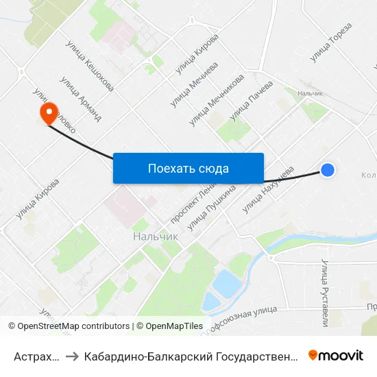 Астраханка to Кабардино-Балкарский Государственный Университет map