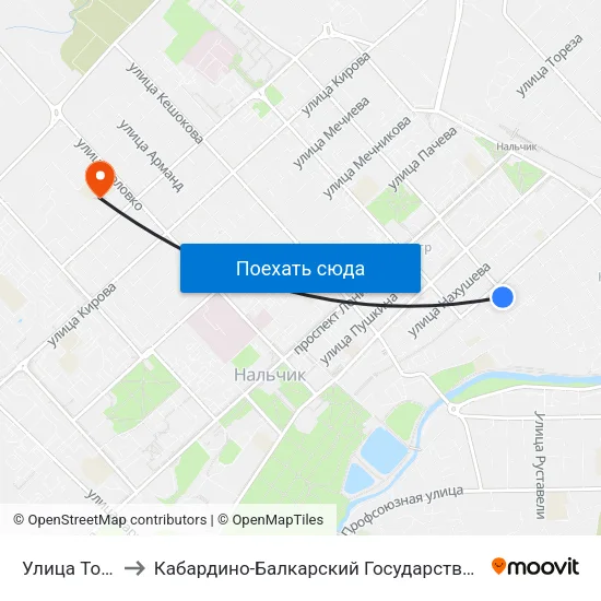 Улица Толстого to Кабардино-Балкарский Государственный Университет map