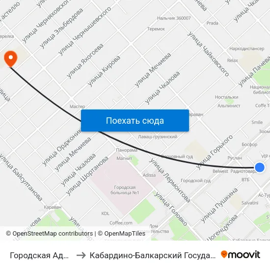 Городская Администрация to Кабардино-Балкарский Государственный Университет map