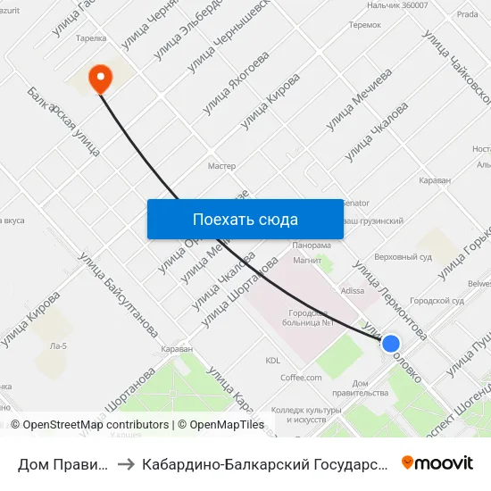 Дом Правительства to Кабардино-Балкарский Государственный Университет map