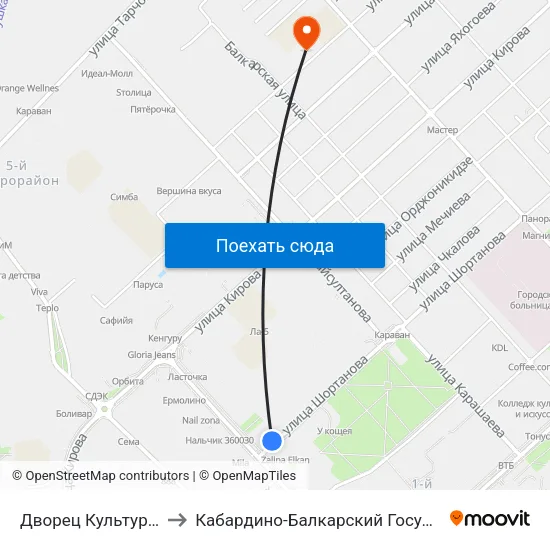 Дворец Культуры Профсоюзов to Кабардино-Балкарский Государственный Университет map