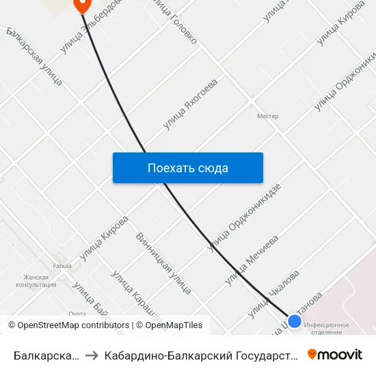 Балкарская Улица to Кабардино-Балкарский Государственный Университет map