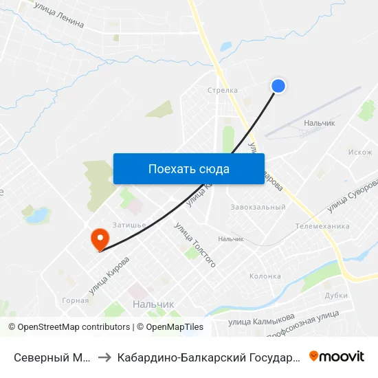 Северный Микрорайон to Кабардино-Балкарский Государственный Университет map