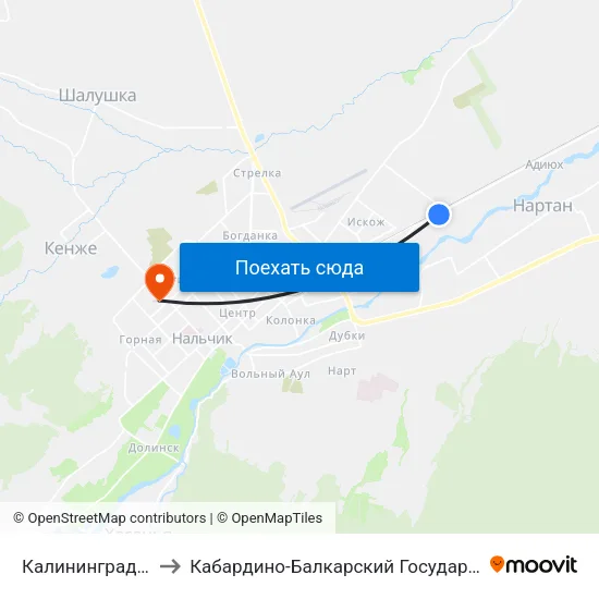 Калининградская Улица to Кабардино-Балкарский Государственный Университет map