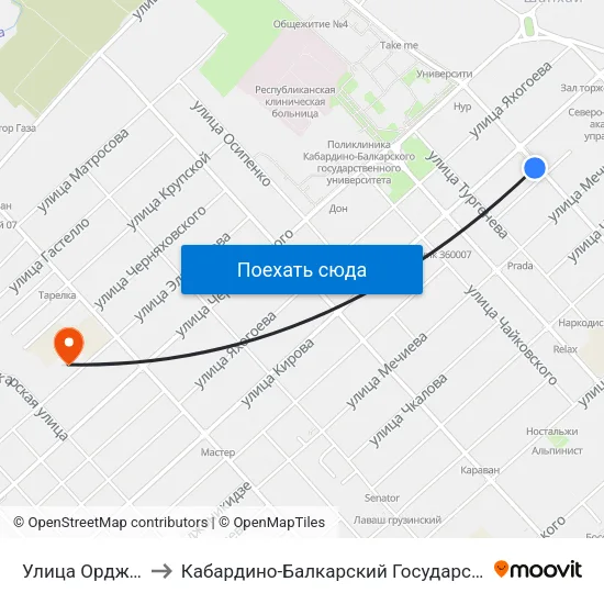 Улица Орджоникидзе to Кабардино-Балкарский Государственный Университет map