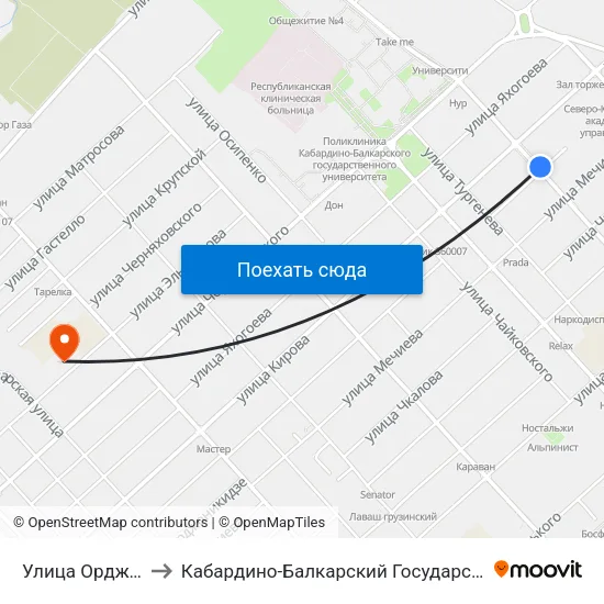 Улица Орджоникидзе to Кабардино-Балкарский Государственный Университет map