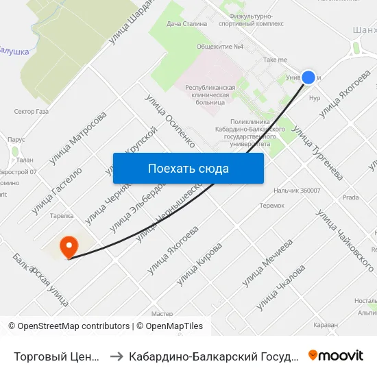 Торговый Центр Университи to Кабардино-Балкарский Государственный Университет map
