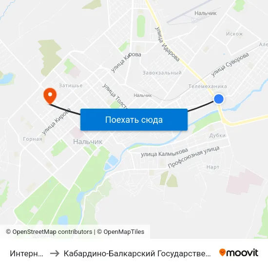 Интернат №3 to Кабардино-Балкарский Государственный Университет map