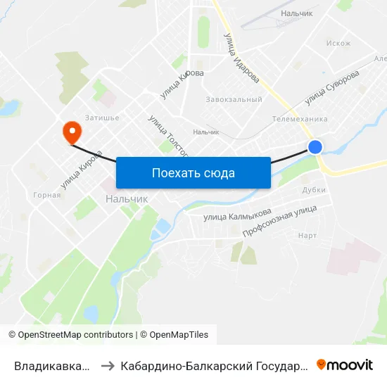 Владикавказский Мост to Кабардино-Балкарский Государственный Университет map