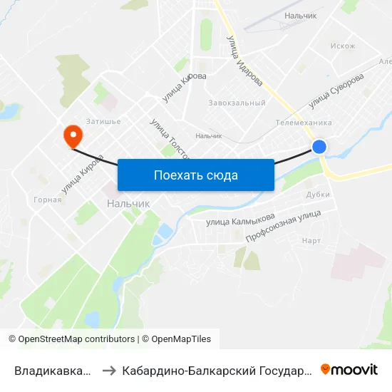 Владикавказский Мост to Кабардино-Балкарский Государственный Университет map