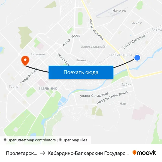 Пролетарская Улица to Кабардино-Балкарский Государственный Университет map