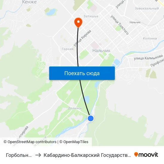 Горбольница №2 to Кабардино-Балкарский Государственный Университет map